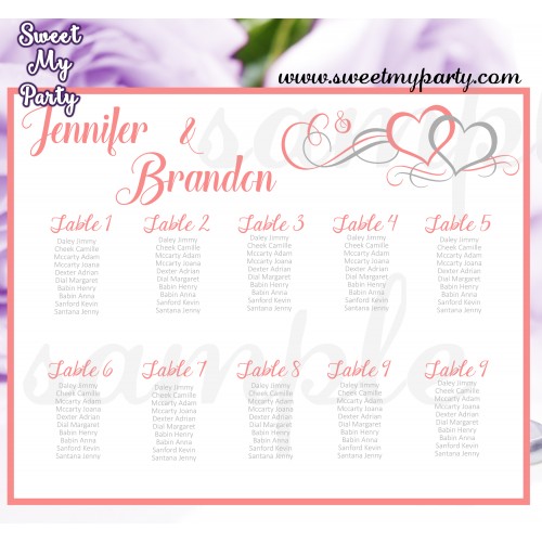 Hearts Wedding Seating Chart,Coral Hearts Wedding Seating Plan,(018w)